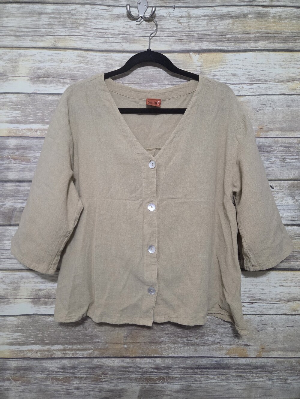 Oh Gauze Cotton V Neck Khaki Tan Blouse Top Size 1 | Small Medium